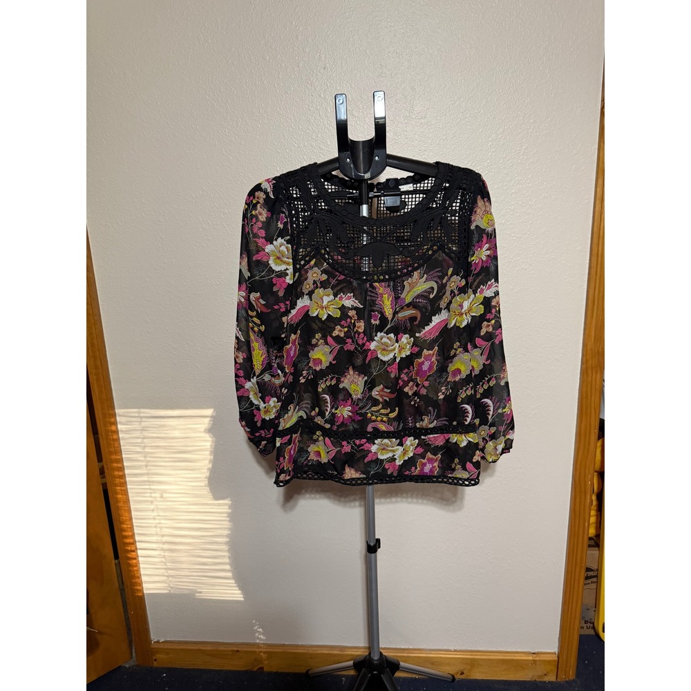 Meadow Rue Anthropologie Floral Crochet Lace Yoke Blouse Black Pink Yellow M
